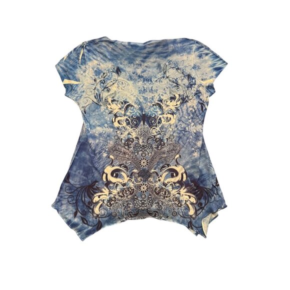 Jane Ashley women's blue patterned cap sleeve top size XL asymmetrical hem - Picture 3 of 8